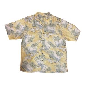 Tommy Bahama Shirt Men L Yellow Silk Floral Hawaiian Button Up Camp Loop Collar